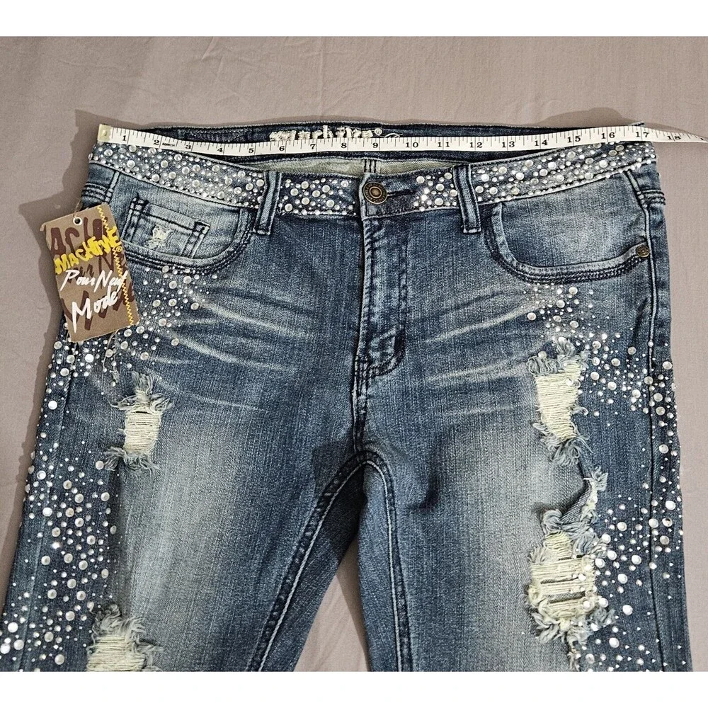 Machine Nouvelle Mode Jeans Size 15 Stretch Straight Leg Blue Distress Bling Y2K - Picture 11 of 12